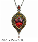 Ornate golden locket holding sparkling red gemstone hanging on silver chain. Стоковое AI-изображение, AI-художник Иван Рябоконь / Фотобанк Лори