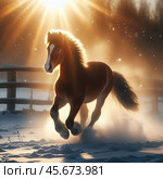 A young horse gallops through the snow in the rays of the winter sun, raising a dust of snowflakes. Стоковое AI-изображение, AI-художник Коханова Наталья / Фотобанк Лори