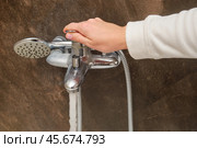 Hand adjusting shower faucet with running water in a bathroom. Close-up of shower control and showerhead against a dark brown wall. Household plumbing and water flow concept. Стоковое фото, фотограф Андрей Журавлев / Фотобанк Лори