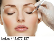 Cosmetologist doing beauty injections into beautiful face. Anti wrinkle in nasolabial folds of young woman, closeup. Hyaluronic acid treatment, injecting into human skin. Cosmetic facial procedures. Стоковое AI-изображение, AI-художник Марина Демидюк / Фотобанк Лори