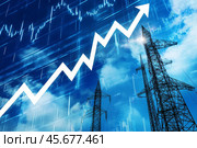 Electric grid with growing arrow up graph. Rising price of energy, sources. Growth chart pointing upwards. Pylons and transmission. Power lines, major electricity substation. High voltage towers, sky. Стоковое AI-изображение, AI-художник Марина Демидюк / Фотобанк Лори