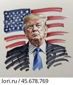 Портрет Дональда Трампа президента Соединенных Штатов Америки. Эскиз. Набросок. Иллюстрация. Portrait of Donald Trump, President of the United States of America. Sketch. Illustration. Редакционное AI-изображение, AI-художник Гер Олег / Фотобанк Лори