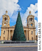 Christmas Tree in Front of Twin Bell Towers of Historic Christ the King Church in Malta. Стоковое фото, фотограф Kira_Yan / Фотобанк Лори