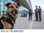 Detection dog at the airport in front of the customs guards. Стоковое AI-изображение, AI-художник Евгений Харитонов / Фотобанк Лори