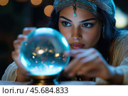 Gypsy fortune teller peers into a glass ball. Стоковое AI-изображение, AI-художник Евгений Харитонов / Фотобанк Лори