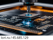 Close-up of silicon die being removed from wafer and attached to substrate with laser welding of semiconductors. Substrate using welds device. Electronic high-tech industry concept. Copy ad text space. Стоковое AI-изображение, AI-художник Aleksandr Golubev / Фотобанк Лори