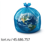Suffocating capture. Planet Earth, represented by a globe, is trapped in a plastic bag. conscious consumption and care for nature. Стоковое AI-изображение, AI-художник Ярославский Максим / Фотобанк Лори