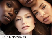 Three diverse models showing off flawless skin and makeup. Стоковое AI-изображение, AI-художник Иван Рябоконь / Фотобанк Лори