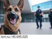 Customs dog at the airport in front of the customs guards. Стоковое AI-изображение, AI-художник Евгений Харитонов / Фотобанк Лори
