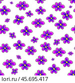 Seamless simple floral pattern. Abstract design of blooming purple and violet flowers isolated on a transparent background for design, card, flyer, poster, invitation, notebook, planner. Стоковая иллюстрация, иллюстратор Константин Григорьев / Фотобанк Лори