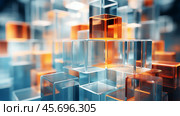 Abstract background of reflective neon purple, blue and orange glass cubes with copy space. Стоковое AI-изображение, AI-художник Анастасия Золотницкая / Фотобанк Лори