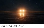 Bright twin suns setting over an ocean landscape under a starry sky at night. Стоковое AI-изображение, AI-художник Сергей Толмачёв / Фотобанк Лори