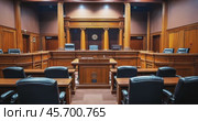 courtroom interior without people with wooden furniture and black leather chairs. Стоковое AI-видео, аниматор Александр Довянский / Фотобанк Лори