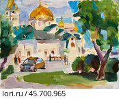 Sketch of a church in summer. Oil painting on canvas by artist Inna Prityazhnyuk. Стоковая иллюстрация, иллюстратор Сергей Пристяжнюк (Serg Zastavkin) / Фотобанк Лори