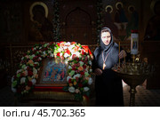 Матушка Агния, настоятельница Свято-Троицкого Белопесоцкого женского монастыря (2024 год). Редакционное фото, фотограф Дмитрий Киселёв / Фотобанк Лори