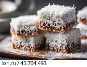 A plate of vegan lamingtons arranged on a light-colored surface, with chocolate sauce drizzling over the top and coconut flakes sprinkled around. Стоковое AI-изображение, AI-художник Ирина Старикова / Фотобанк Лори