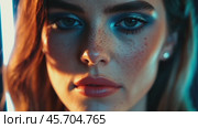 Transformative beauty: dynamic closeup of a freckled model in shifting light. Стоковое AI-видео, аниматор Sabyna75 / Фотобанк Лори