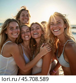 A group of friends smiles and laughs as they soak up the sun by the ocean, creating unforgettable memories during their summer travel adventure. Generative AI. Стоковое AI-изображение, AI-художник Юлия Петровская / Фотобанк Лори