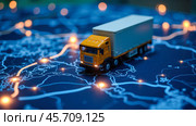 Truck on illuminated map representing transportation logistics, freight delivery, supply chain management, shipping routes, global distribution network. Стоковое AI-изображение, AI-художник Павел Муравьев / Фотобанк Лори