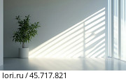 Natural light illuminates a minimalist room with a potted plant and shadow patterns. Стоковое AI-изображение, AI-художник Сергей Толмачёв / Фотобанк Лори