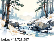 Ручей в лесу. Акварель. Иллюстрация. Stream in the forest. Watercolor. Illustration. Стоковое AI-изображение, AI-художник Гер Олег / Фотобанк Лори