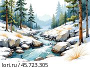 Ручей в лесу. Акварель. Иллюстрация. Stream in the forest. Watercolor. Illustration. Стоковое AI-изображение, AI-художник Гер Олег / Фотобанк Лори