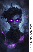 Powerful sorcerer casting a dark spell with glowing purple eyes. Стоковое AI-изображение, AI-художник Юрий Поздников / Фотобанк Лори