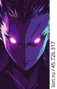 Superhero with glowing eyes emerging from shadows. Стоковое AI-изображение, AI-художник Юрий Поздников / Фотобанк Лори