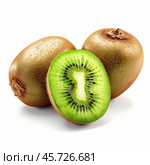 Two whole kiwi fruits and a half showing the pulp and seeds on white background. Стоковое AI-изображение, AI-художник Иван Рябоконь / Фотобанк Лори