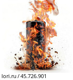 Burning battery exploding on white background, damaged lithium ion cell catching fire. Стоковое AI-изображение, AI-художник Иван Рябоконь / Фотобанк Лори