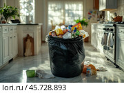 An overflowing trash can in the kitchen a symbol of sloppiness and chaos. Garbage is scattered on the floor, creating a picture of disorder and lack of hygiene. Стоковое AI-изображение, AI-художник Ярославский Максим / Фотобанк Лори
