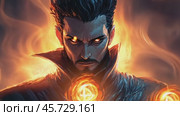 Sorcerer supreme conjuring powerful magic with fiery aura. Стоковое AI-видео, аниматор Юрий Поздников / Фотобанк Лори