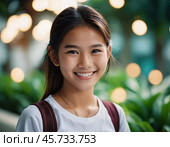 A cheerful girl residing in Thailand is pictured smiling warmly while surrounded by lush greenery. The soft lights in the background add a dreamy ambiance to the scene, reflecting her happiness. Generative AI. Стоковое AI-изображение, AI-художник Юлия Петровская / Фотобанк Лори