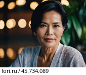 A middle-aged woman residing in Thailand poses gracefully with a warm smile. Soft bokeh lights in the background create a cozy atmosphere, making the moment inviting and serene. Generative AI. Стоковое AI-изображение, AI-художник Юлия Петровская / Фотобанк Лори