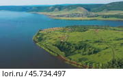 Южный Урал, Башкортостан, Нугушское водохранилище летом. Вид с воздуха. Southern Urals, Bashkortostan, Nugush reservoir in summer. Aerial view. Стоковое видео, видеограф Евгений Романов / Фотобанк Лори