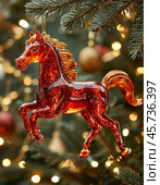 2026 is the year of the red fire Horse according to the eastern calendar. In Chinese tradition, fire is associated with life, vitality and light. New Year's tree toy. Стоковое AI-изображение, AI-художник Сергей Елизарьев / Фотобанк Лори