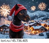 Foal in a red New Year's cap. 2026 is the year of the Horse according to the Eastern calendar. Festive New Year's atmosphere. Стоковое AI-изображение, AI-художник Сергей Елизарьев / Фотобанк Лори