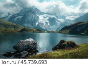 Bachalpsee mirroring snowy eiger, monch and jungfrau mountains in the swiss alps. Стоковое AI-изображение, AI-художник Иван Рябоконь / Фотобанк Лори