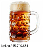 Refreshing amber beer with thick foam head in a dimpled mug. Стоковое AI-изображение, AI-художник Иван Рябоконь / Фотобанк Лори