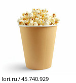 Popcorn overflowing a paper cup isolated on white background. Стоковое AI-изображение, AI-художник Иван Рябоконь / Фотобанк Лори