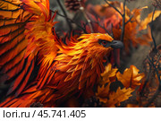 Majestic phoenix rising from ashes, embracing rebirth and renewal. Стоковое AI-изображение, AI-художник Иван Рябоконь / Фотобанк Лори