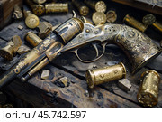 Engraved revolver and bullets resting on wooden surface. Стоковое AI-изображение, AI-художник Иван Рябоконь / Фотобанк Лори