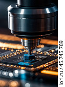 Close-up of silicon die being removed from wafer and attached to substrate with laser welding of semiconductors. Substrate using welds device. Electronic high-tech industry concept. Copy ad text space. Стоковое AI-изображение, AI-художник Aleksandr Golubev / Фотобанк Лори