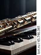 Close-up of gold flute on black white piano keys. Flute with piano, wind instrument for musical design of concert creativity. Music orchestra concert concept. Copy ad text space. Copy ad text space. Стоковое AI-изображение, AI-художник Aleksandr Golubev / Фотобанк Лори