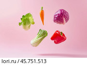 Various colorful vegetables falling at pale pink background. Flying veggie on a plain pastel color backdrop. Healthy food. Detox and dieting concept. Fresh carrot, pepper, broccoli, tomato levitating. Стоковое AI-изображение, AI-художник Марина Демидюк / Фотобанк Лори