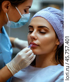 A cosmetologist injects fillers into the lips of a beautiful girl. Using hyaluronic acid based fillers. Injection cosmetology. Стоковое AI-изображение, AI-художник Сергей Елизарьев / Фотобанк Лори