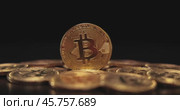 Gold Bit Coin BTC Cryptocurrency Coins on a black background. Bitcoin is a worldwide cryptocurrency and digital payment system called the first decentralized digital currency. Стоковое видео, видеограф Андрей Армягов / Фотобанк Лори