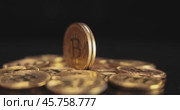 Gold Bit Coin BTC Cryptocurrency Coins on a black background. Bitcoin is a worldwide cryptocurrency and digital payment system called the first decentralized digital currency. Стоковое видео, видеограф Андрей Армягов / Фотобанк Лори