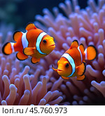 Clown fish or Clown anemonefish, Amphiprion bicolor, in natural habitat. Стоковое AI-изображение, AI-художник Евгений Ткачёв / Фотобанк Лори