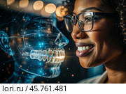 New digital artificial intelligence technologies in dental prosthetics. Implants. A black female dentist with a perfect smile and digital dental graphics on a virtual screen. The concept of dental health and dental care. Стоковое AI-изображение, AI-художник Photojuli / Фотобанк Лори
